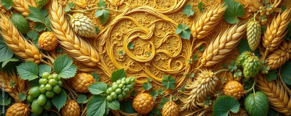 Fototapeta premium Intricate wheat patterns interweave with delicate hop vines, showcasing ornate craftsmanship , wheat, botanical, nature