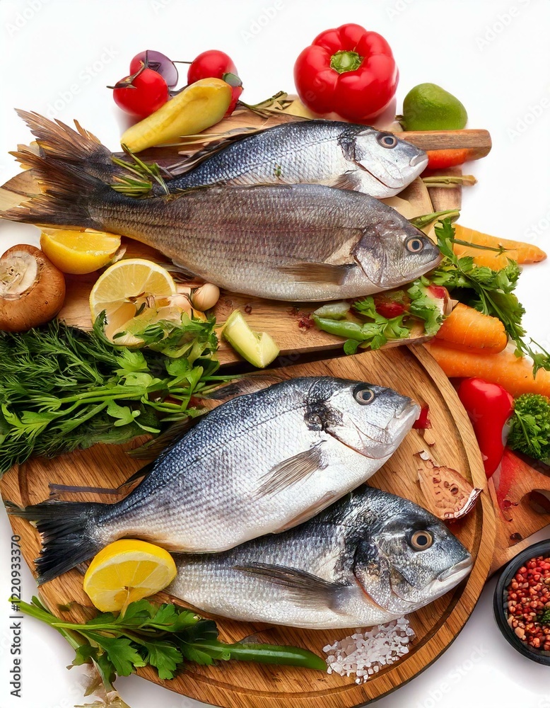 Collage of fresh fish, ready to be cooked. Different kinds, arranged on a board or table, with spices, vegetables. Collage of fresh fish, ready to be cooked. Different kinds, arranged on a board or table, with spices, vegetables.