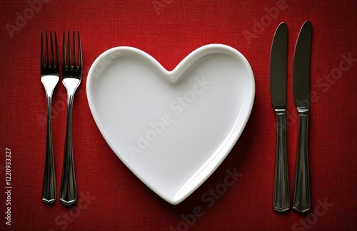 Heart-shaped plate on a red tablecloth with forks and knives set for a romantic dinner occasion photo