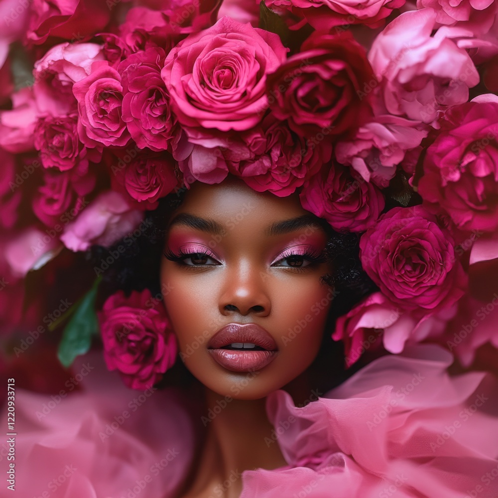 Portrait of a woman adorned with a vibrant floral headpiece in a dreamy pink setting during a springtime celebration Portrait of a woman adorned with a vibrant floral headpiece in a dreamy pink setting during a springtime celebration