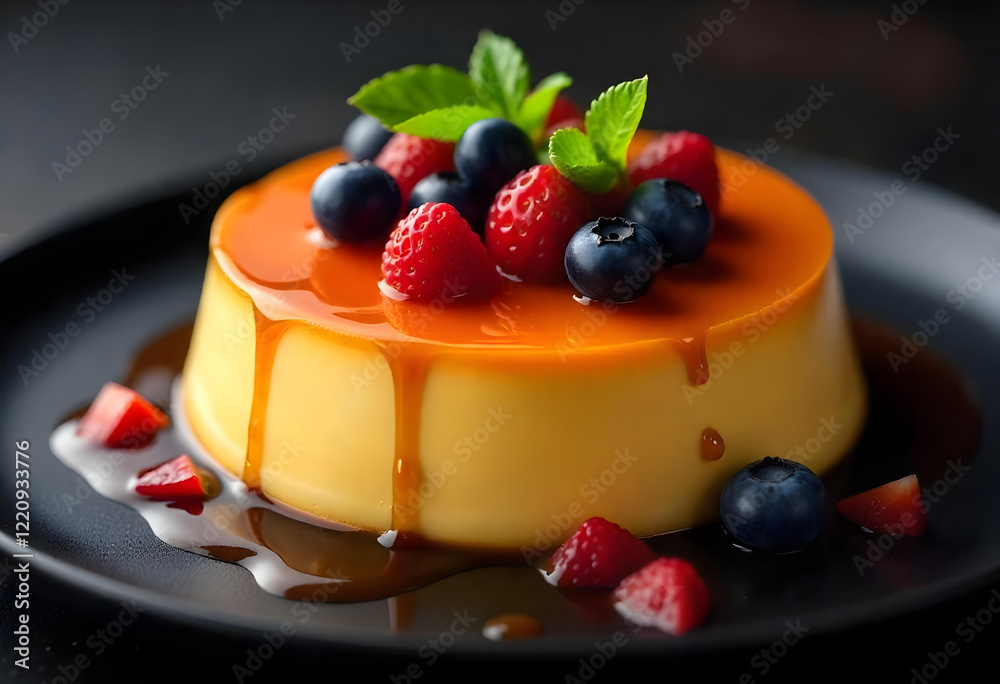 A creamy caramel flan topped with a colorful array of fresh fruits including blueberries, strawberries, and mint leaves A creamy caramel flan topped with a colorful array of fresh fruits including blueberries, strawberries, and mint leaves