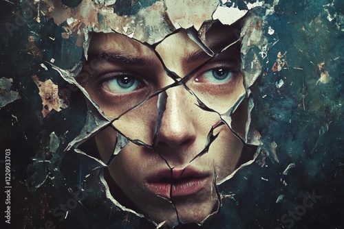 Illustration of a woman's cracked face, a cold serious facial expression with a sharp gaze, a disease of revenge