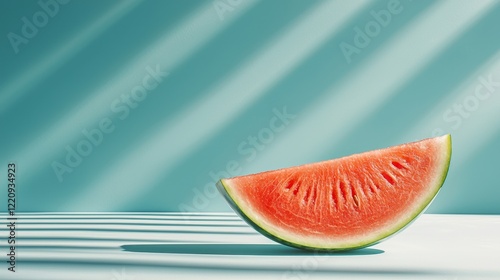 Minimalist close-up of a single watermelon slice standing upright, vibrant contrast against white, focus on seed patterns and vivid color gradient, simplicity concept