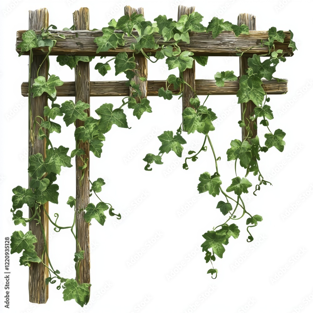 Fototapeta premium Vintage Wooden Trellis with Lush Green Ivy Climbing Vines in a Rustic Garden Setting
