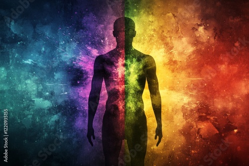 black silhouette photo with human spectrum colors, freedom in thinking state of mind