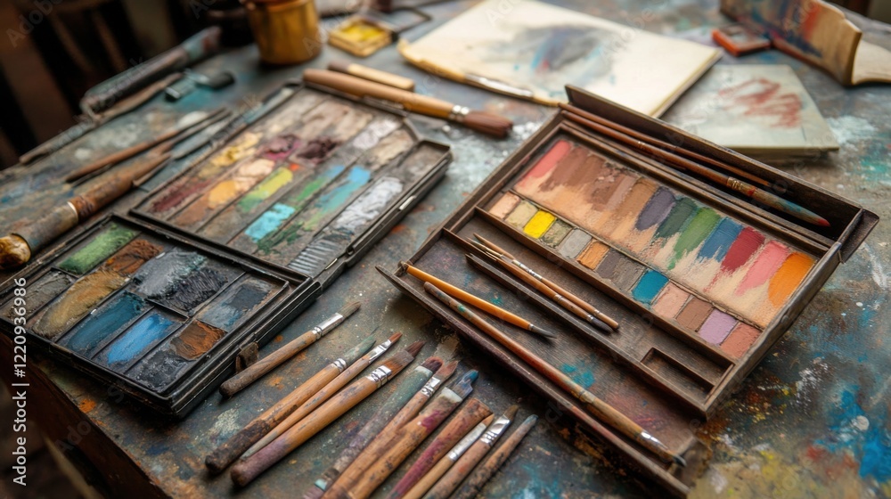 Fototapeta premium Artistic painting tools displayed on a colorful table in a creative studio environment