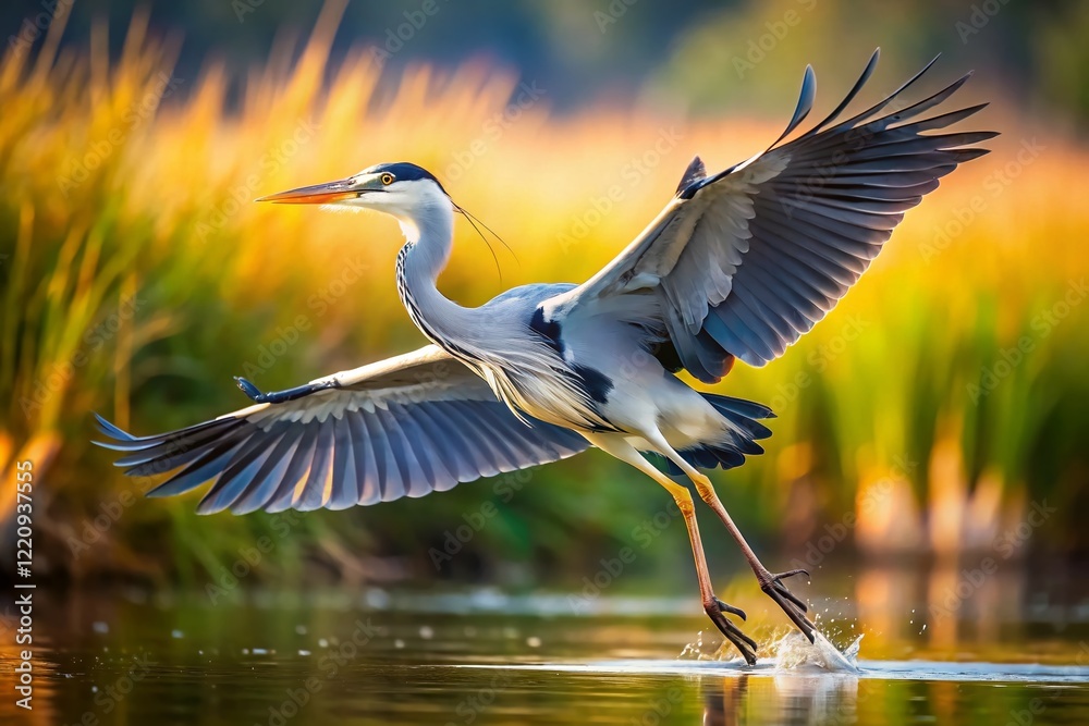 Naklejka premium Grey Heron Landing: Majestic Bird in Flight, Copy Space Left
