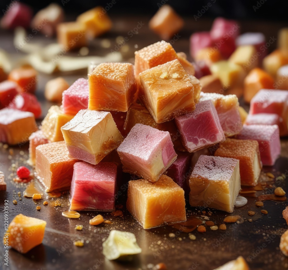 A pile of colorful Turkish delight in a golden brown caramel sauce , colorful sweets, treats A pile of colorful Turkish delight in a golden brown caramel sauce , colorful sweets, treats