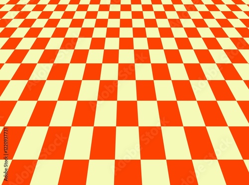 Orange checkered chess board with very small squares background. Orange retro white checkered colors. Repeating texture, illustration, repeating checkered background