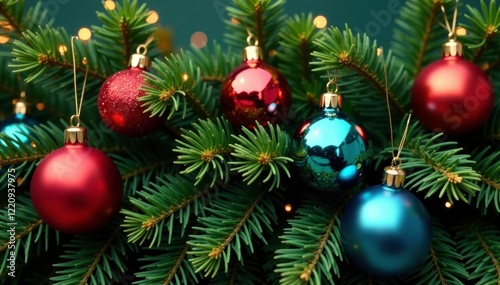 Garland of pine branches adorned with colorful glass ornaments, festive, holiday, tinsel