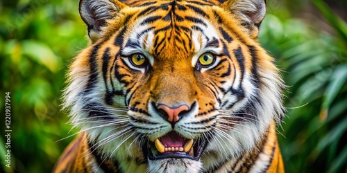 Powerful Close-up Tiger Portrait: Fierce Grin, Wildlife Photography, Strength, Animal, Marketing photo