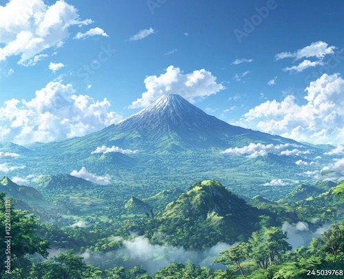 A beautiful view of the mountain in Oatroom, on which you can see an Indonesian volcano covered with clouds and trees in front of it.