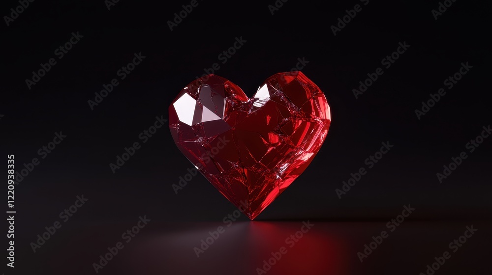 A faceted red gemstone shaped like a heart, shimmering against a dark background, symbolizing love and passion. A faceted red gemstone shaped like a heart, shimmering against a dark background, symbolizing love and passion.