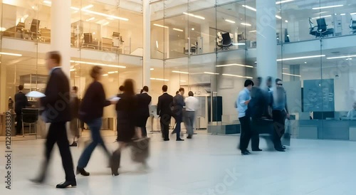 Motion Blur of Business People Walking in Modern Corporate Office Building