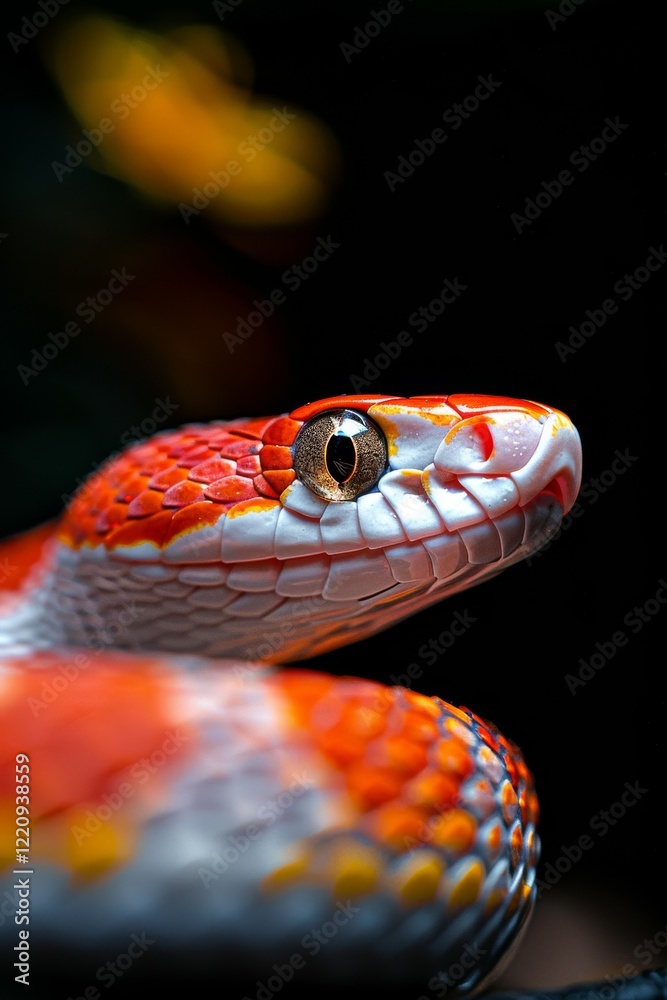 Fototapeta premium Corn Snake in a Garden: A vibrant orange and red corn snake coiled gracefully in a garden. Reptile. Wildlife. Snakes.