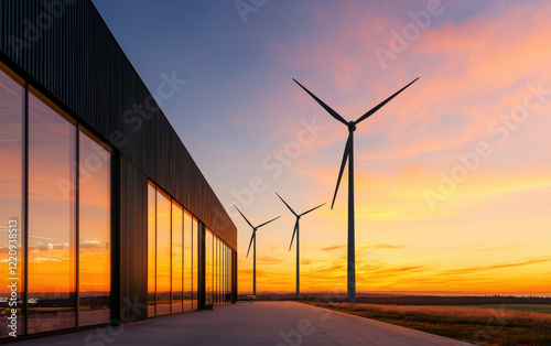 modern corporate campus with wind turbines at sunset, reflecting sustainability and innovation