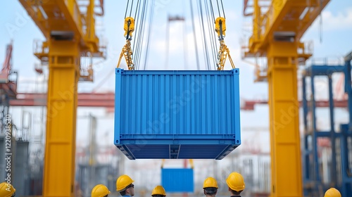 Efficient Cargo Handling: Workers Overseeing a Blue Container Lifted by Cranes in a Busy Dock. Global Day of the Engineer Concept