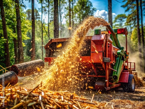 Powerful Wood Chipper Shredding Branches, High-Depth-of-Field Industrial Forestry Image photo