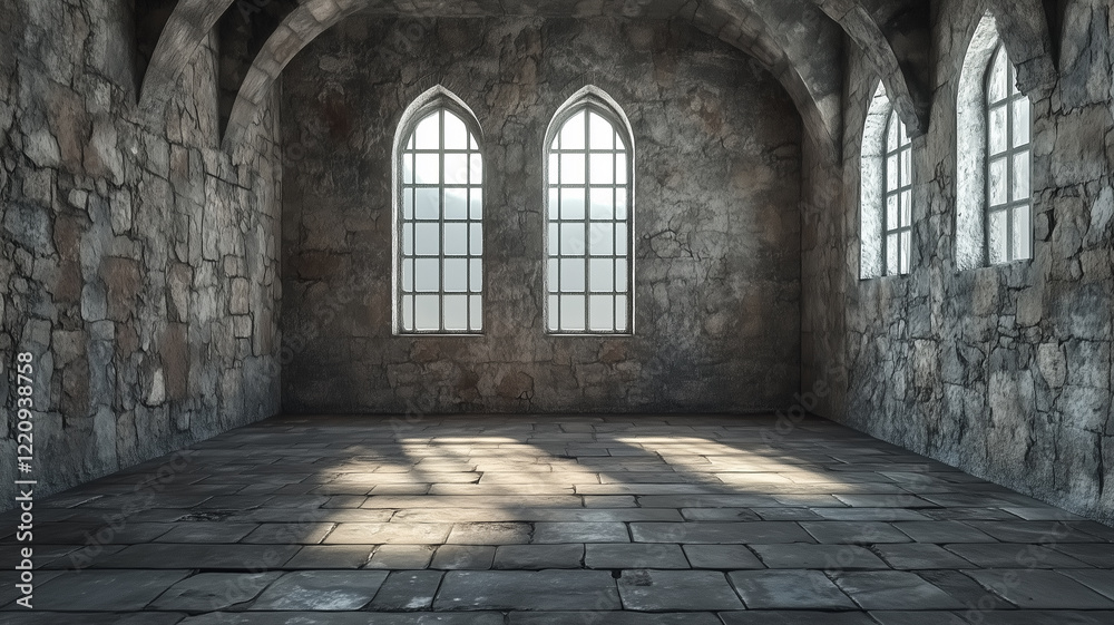 Ancient Stone Room with Gothic Windows and Sunlight Ancient Stone Room with Gothic Windows and Sunlight
