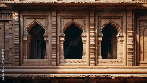 Ornate Stone Building Facade with Arched Windows Detailed Carvings Indian Style