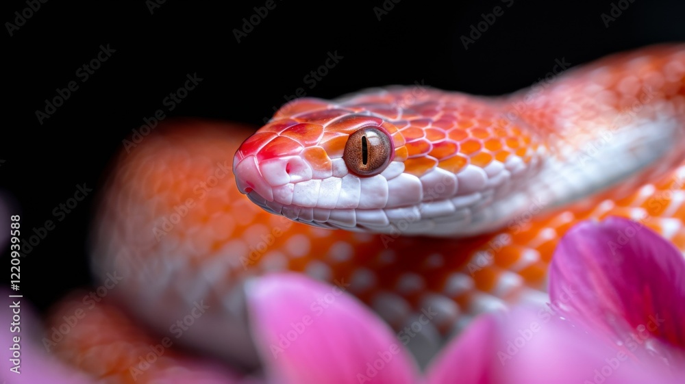 Corn Snake in a Garden: A vibrant orange and red corn snake coiled gracefully in a garden. Reptile. Wildlife. Snakes. Corn Snake in a Garden: A vibrant orange and red corn snake coiled gracefully in a garden. Reptile. Wildlife. Snakes.