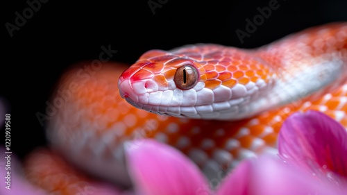 Corn Snake in a Garden: A vibrant orange and red corn snake coiled gracefully in a garden. Reptile. Wildlife. Snakes.
