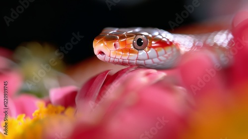 Corn Snake in a Garden: A vibrant orange and red corn snake coiled gracefully in a garden. Reptile. Wildlife. Snakes.