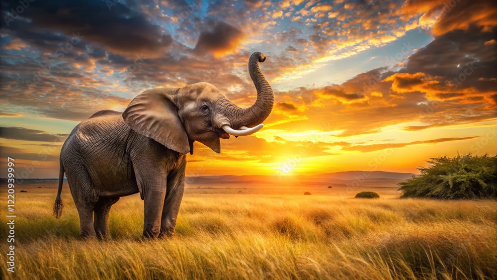 Fototapeta premium Happy Elephant Raising Trunks in Panoramic Savannah Sunset