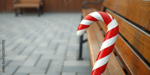 A red and white striped cane leaned against a wooden bench, walking stick, home decor