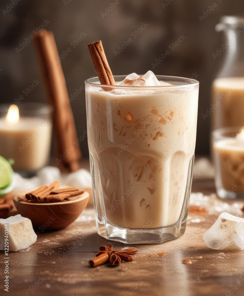 A refreshing glass filled with horchata infused with cinnamon, served over ice cubes for a cooling treat on a hot day , spicy drink, drink, warm drink A refreshing glass filled with horchata infused with cinnamon, served over ice cubes for a cooling treat on a hot day , spicy drink, drink, warm drink