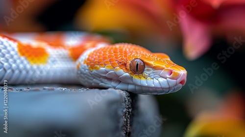 Corn Snake in a Garden: A vibrant orange and red corn snake coiled gracefully in a garden. Reptile. Wildlife. Snakes.