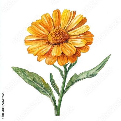 A calendula flower, bright and cheerful, watercolor illustration, isolated on white background,