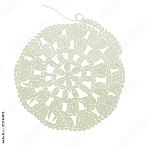 openwork napkin of rounded shape, crocheted from fine cotton yarn, pale beige color