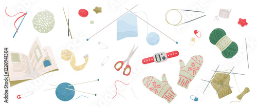 set of elements about knitting, knitting needles, crochet, balls of wool, pins, scissors, row counter, stitch markers, buttons, knitted mittens