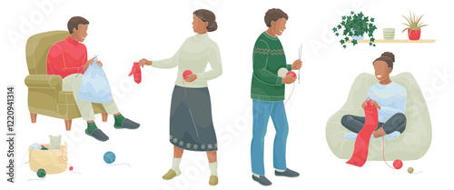 African American man and woman knitting sitting in a chair, woman stands and holds a knitted mitten and a ball of thread in her hands, man stands with knitting needles and balls of thread in his hand