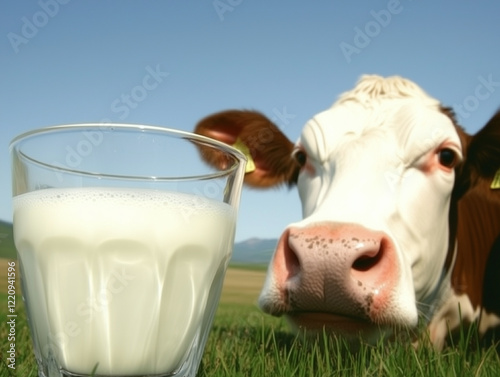 glass of white milk next to a cow on a meadow photo