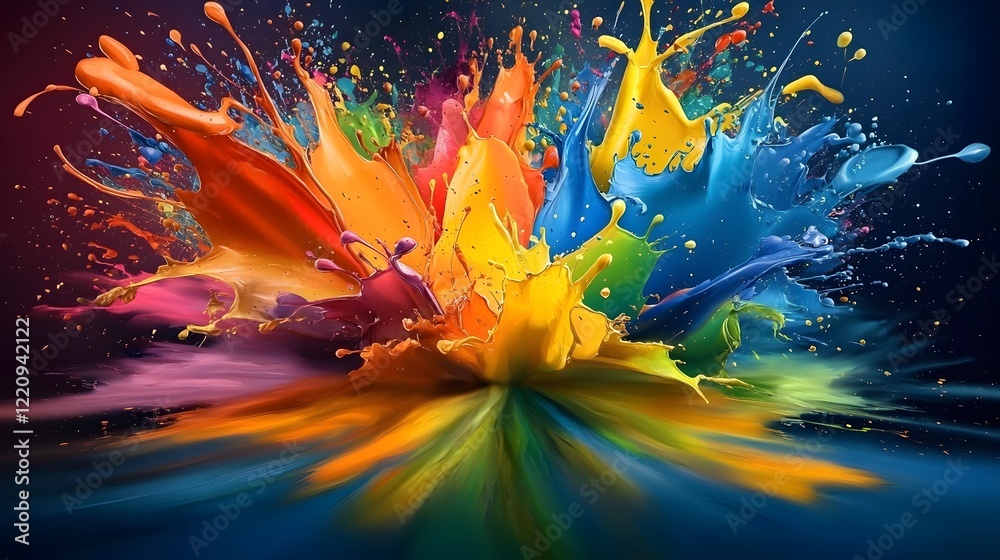 Obraz premium Visually stunning abstract background featuring an explosion of vivid paint splashes in a rainbow of bright colors