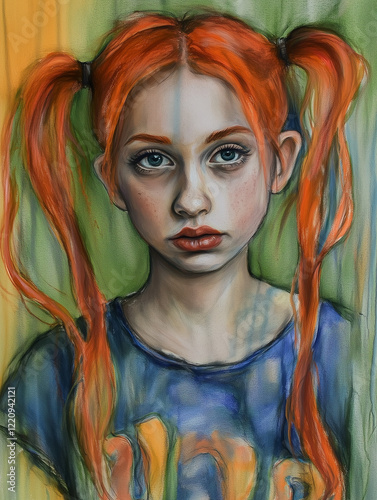 portrait of a red-haired young girl with pigtails photo