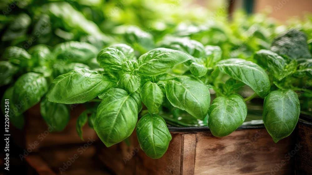 Lush basil plants in wooden box, garden setting, sunlight, food ingredient Lush basil plants in wooden box, garden setting, sunlight, food ingredient