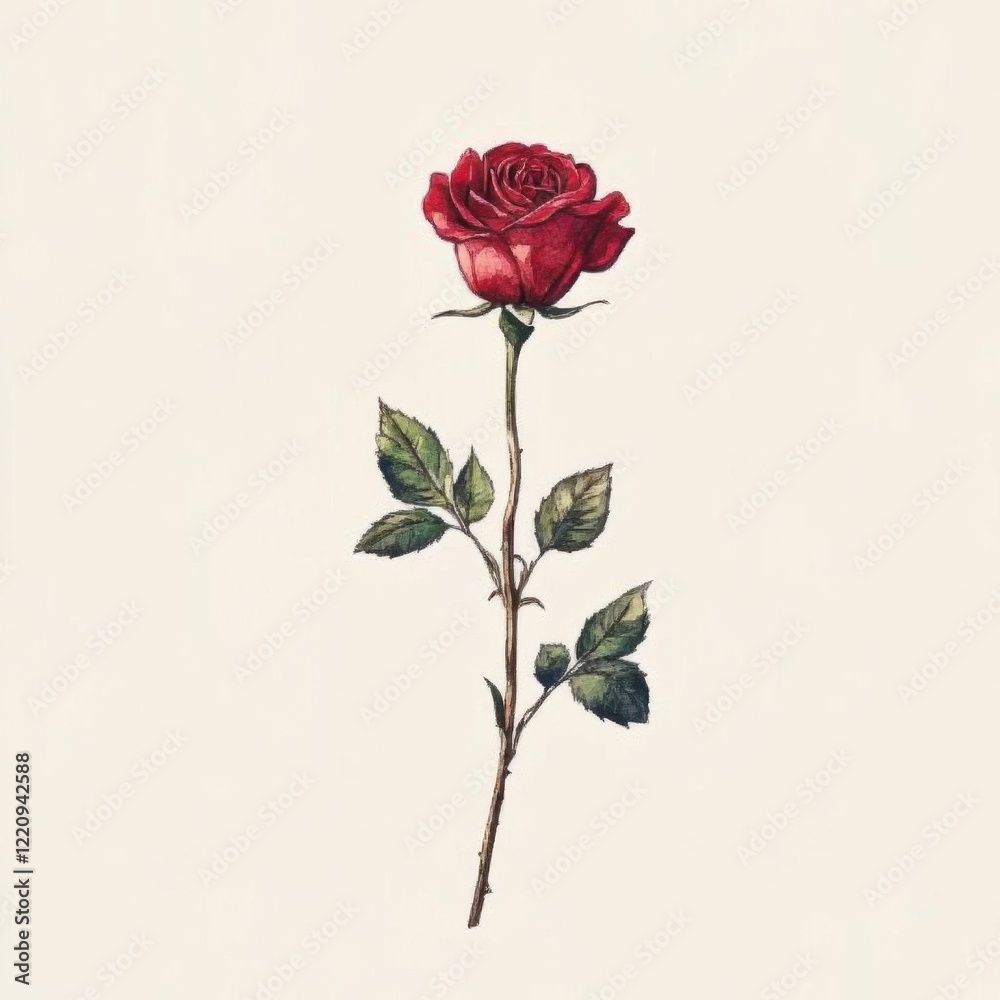 Fototapeta premium A single red rose illustration, botanical element, watercolor style, isolated on white background,