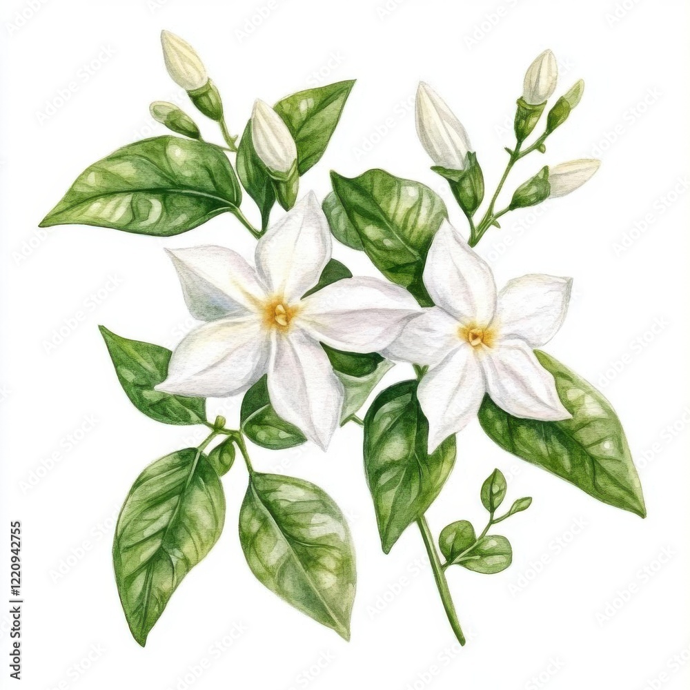 Obraz premium A star jasmine flower, celestial botanical design, watercolor illustration, isolated on white background,