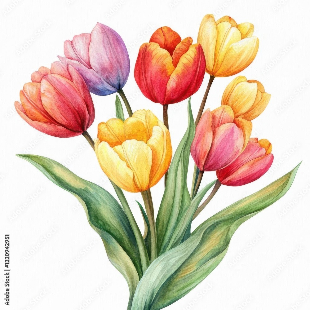 Obraz premium A vibrant tulip bouquet, spring flower collection, watercolor illustration, isolated on white background,
