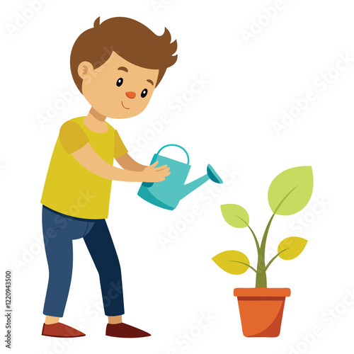 a boy watering the plant