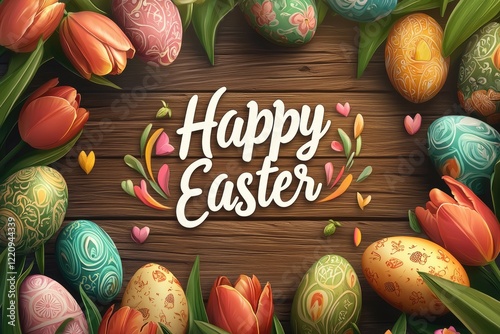 Happy Easter Eggs and Tulips
