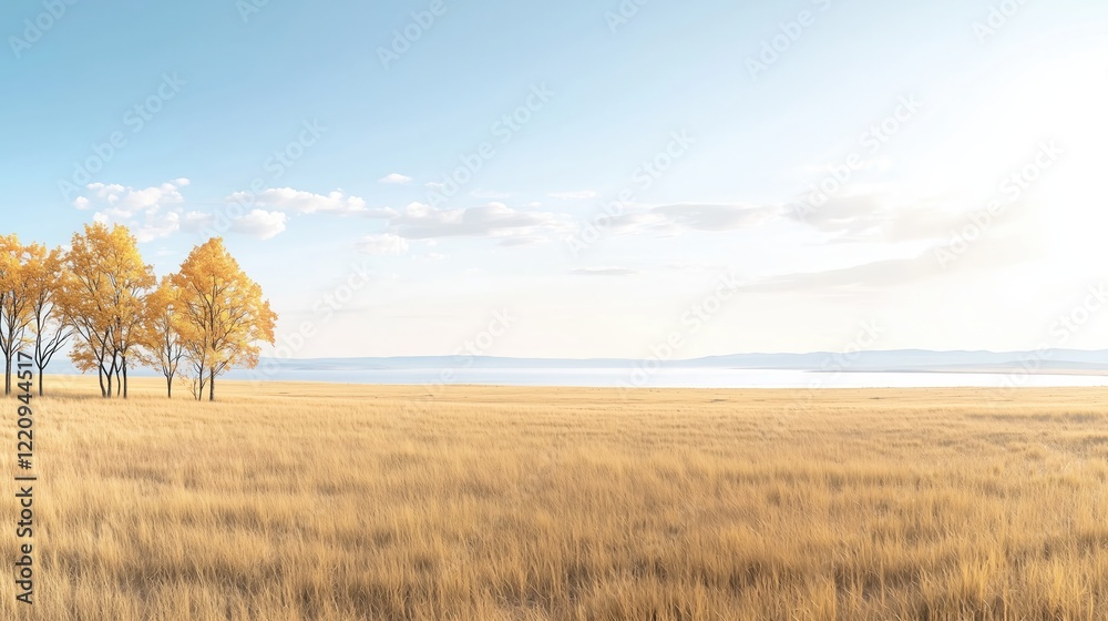Solitary Tree with Vibrant Autumn Foliage in Expansive Golden Field Solitary Tree with Vibrant Autumn Foliage in Expansive Golden Field