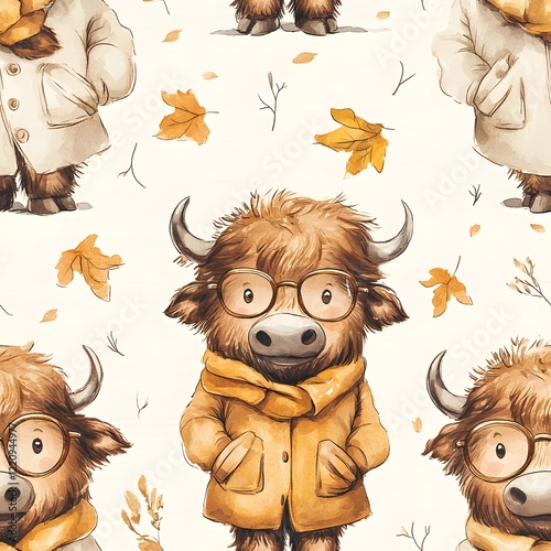 Cute highland cow characters dressed in cozy autumn outfits with glasses among falling leaves in a cheerful pattern