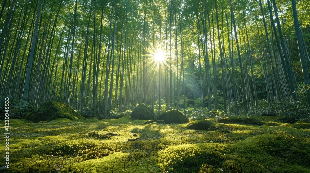 Obraz premium Sunlit Bamboo Forest Floor Covered in Lush Green Moss
