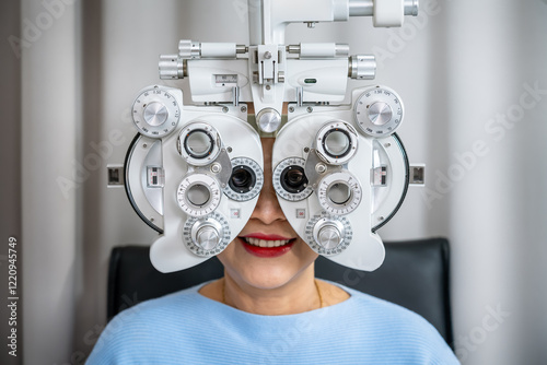 Senior Asian female vision test using phoropter for eye examination and prescription