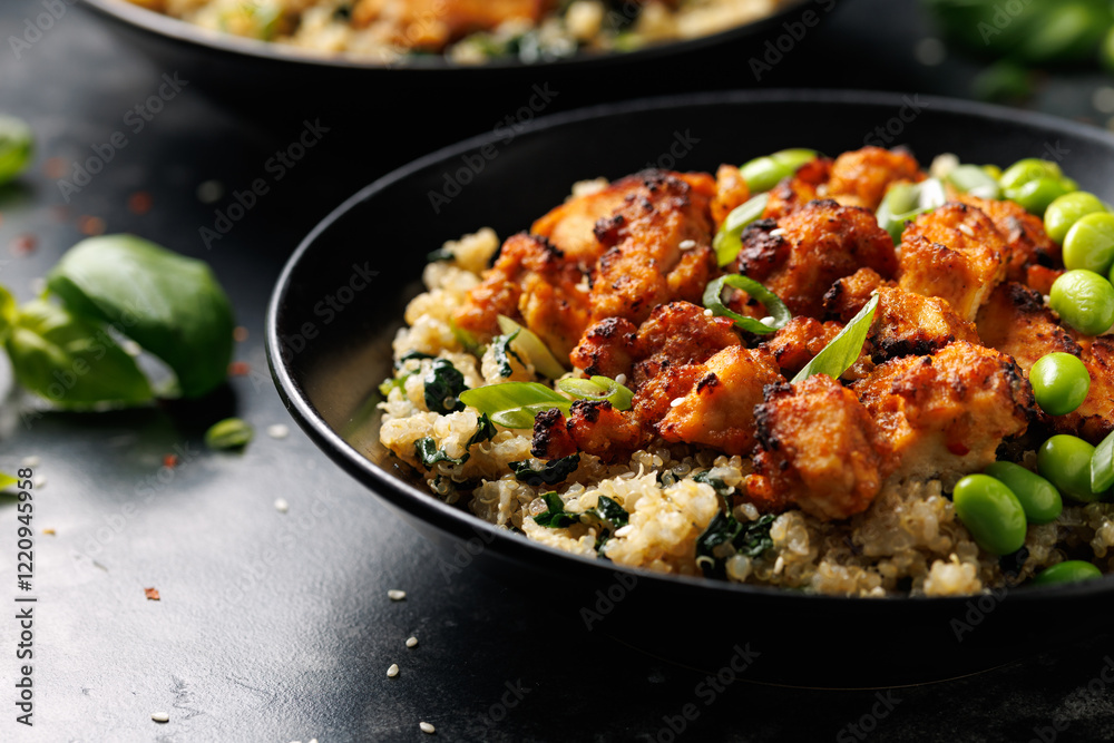 Sweet and sour tofu with spinach quinoa and steamed edamame beans. Healthy food. Sweet and sour tofu with spinach quinoa and steamed edamame beans. Healthy food.