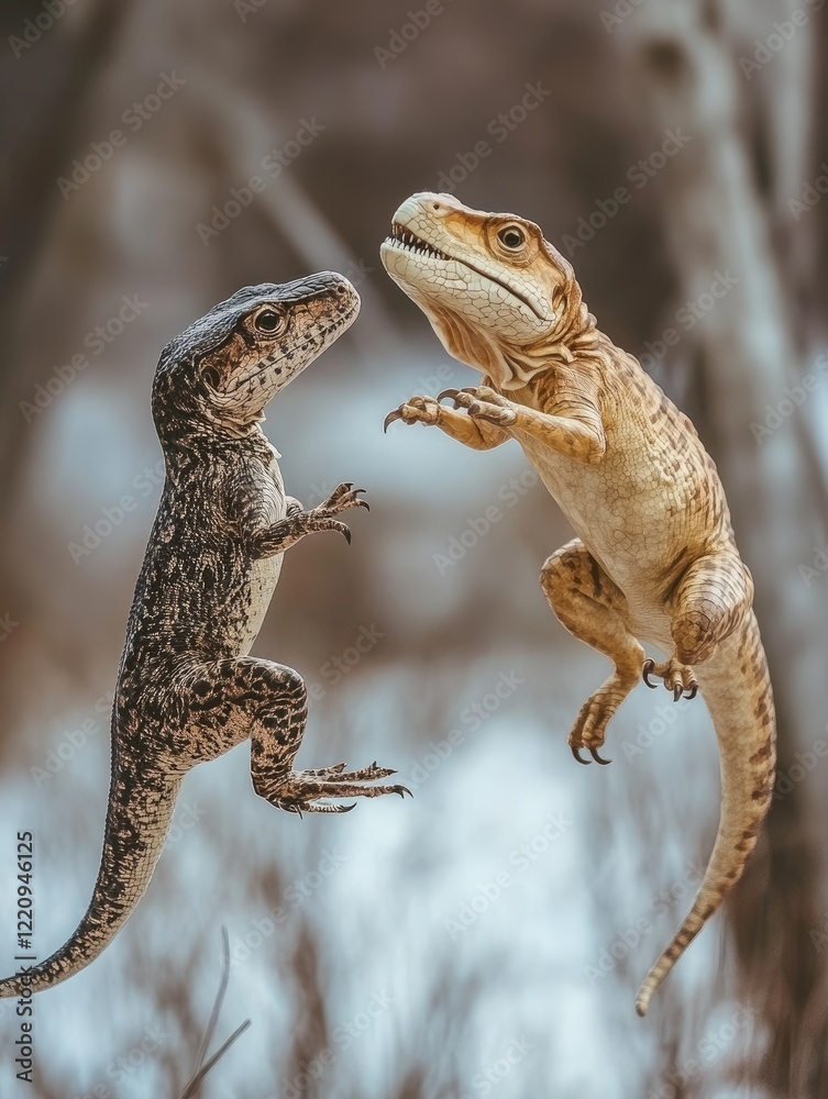Naklejka premium Two lizards leap, forest background, wildlife photography, nature image